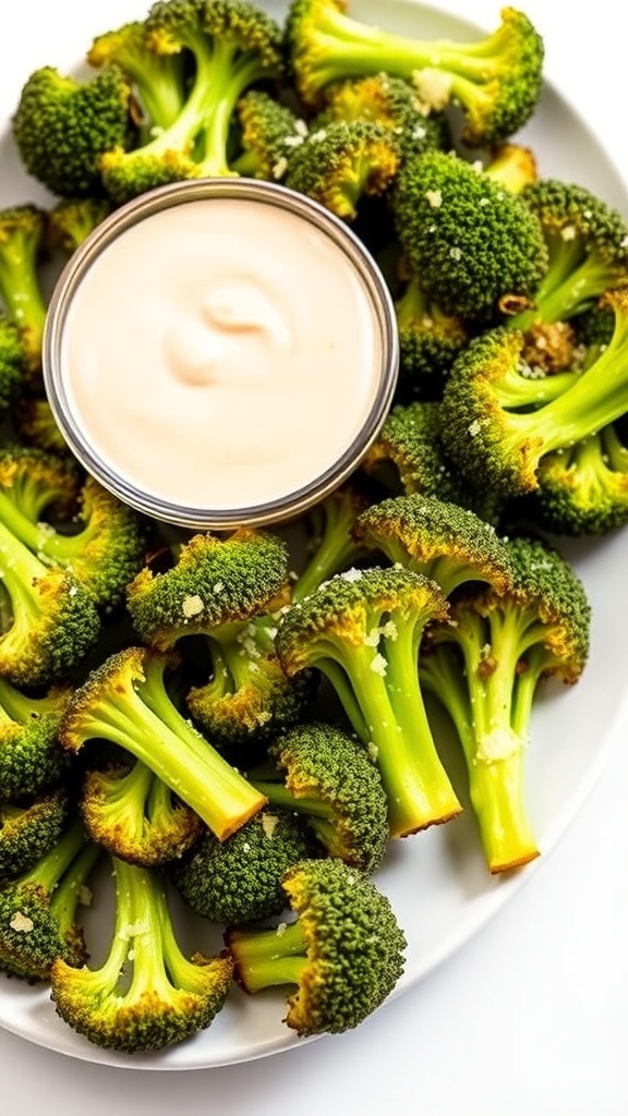 Crispy broccoli fries on a plate with dipping sauce, garnished with Parmesan cheese.